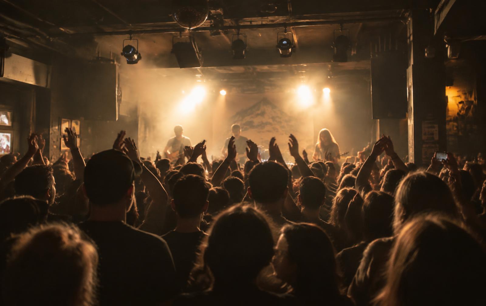 A packed crowd at a small live music venue with hands raised towards the stage